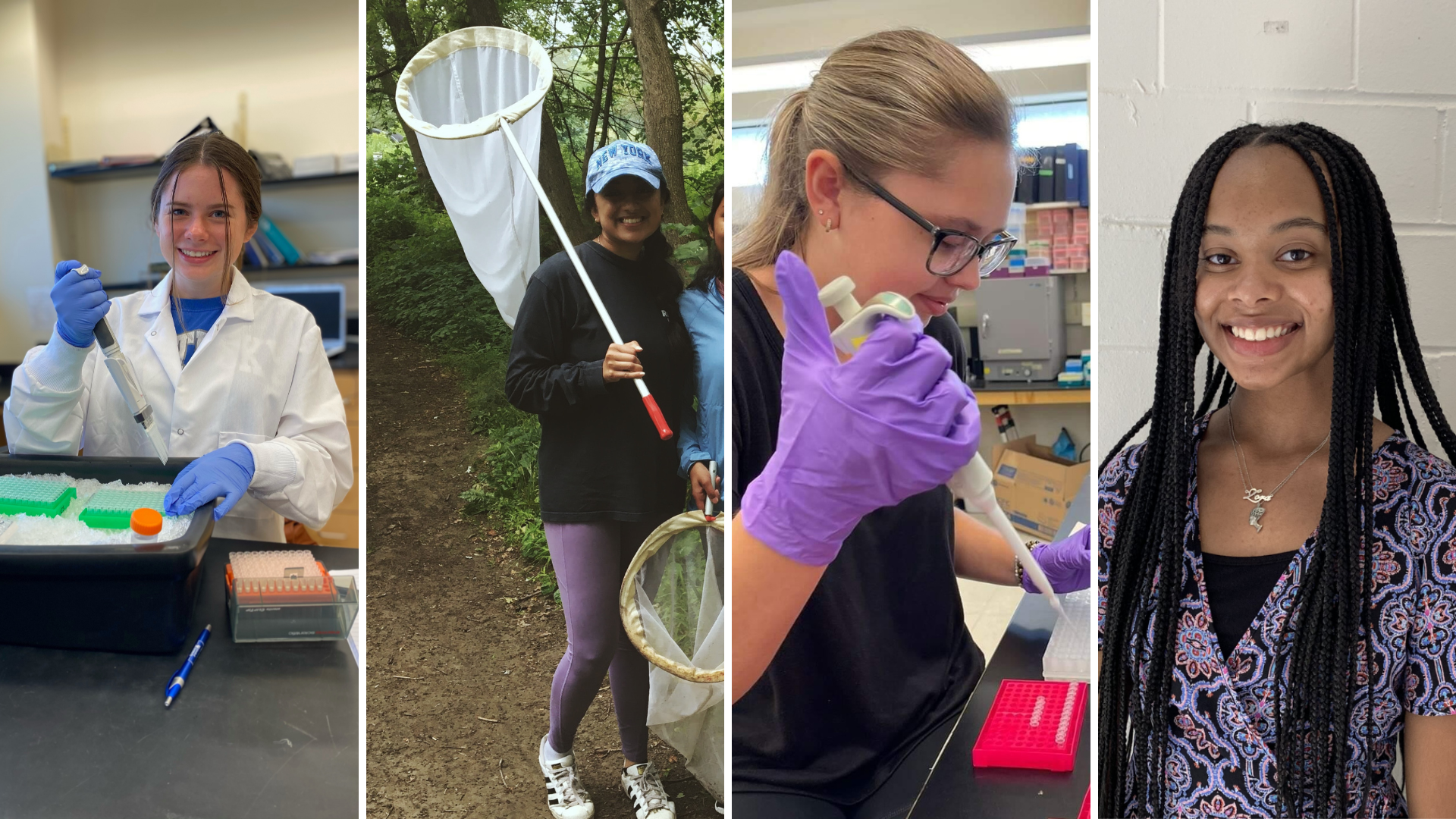 Gretchen Ruschman conducting research in lab, Isha Chauhan holding net outside, Megan Johnston conducting research in lab, headshot of Zora Woolfolk