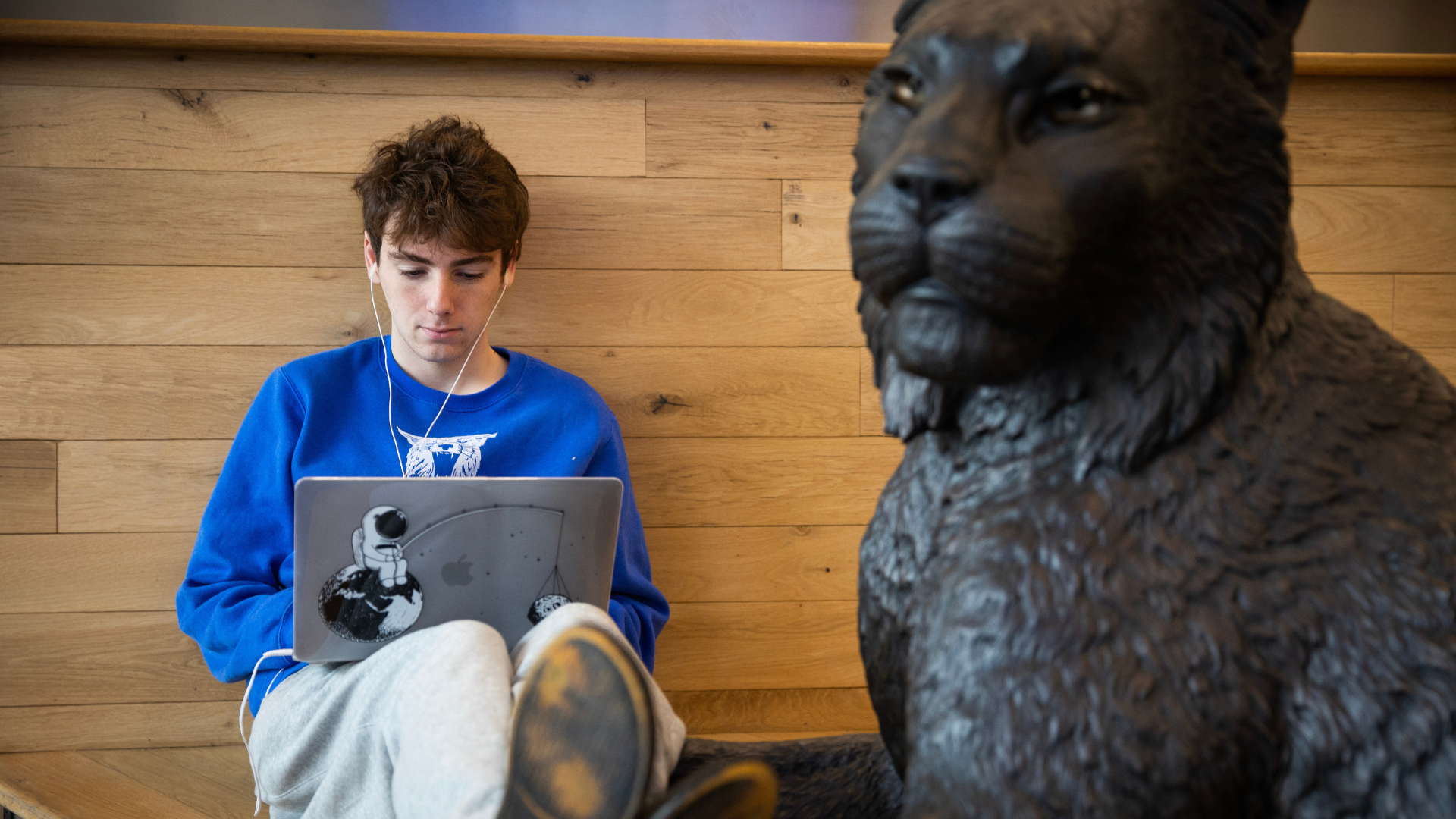 Student working on laptop with wildcat statue in the foreground