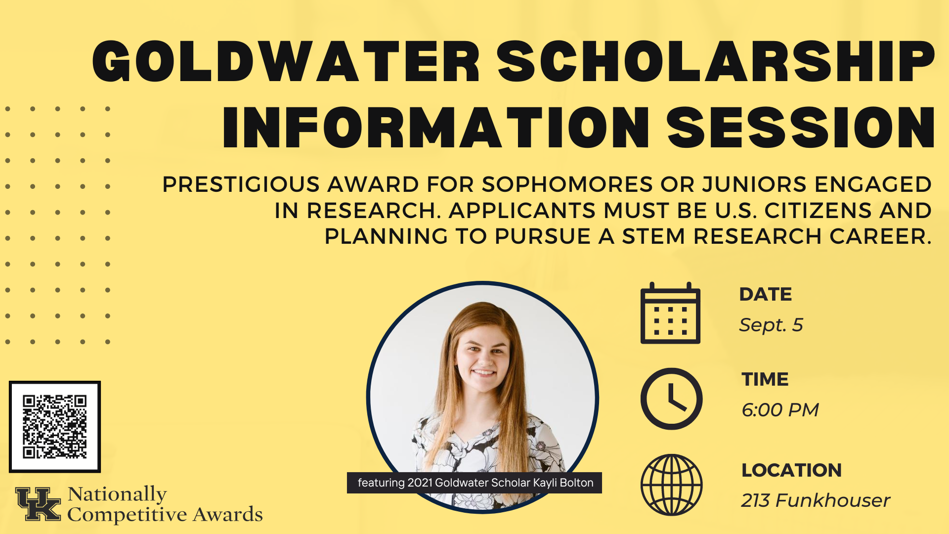 Goldwater Scholarship information session details with headshot of Kayli Bolton