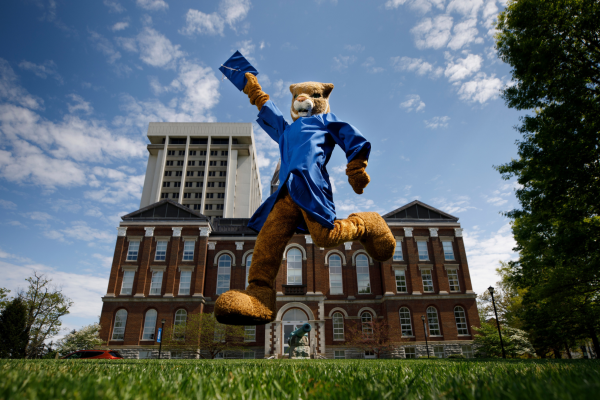 Wildcat in cap and gown jumping in front of Main Building
