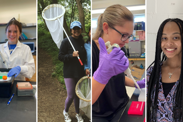 Gretchen Ruschman conducting research in lab, Isha Chauhan holding net outside, Megan Johnston conducting research in lab, headshot of Zora Woolfolk