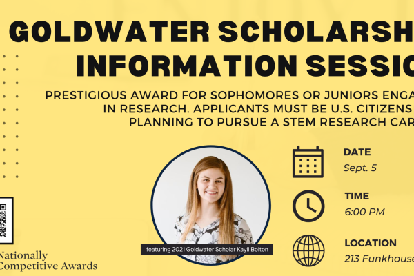 Goldwater Scholarship information session details with headshot of Kayli Bolton