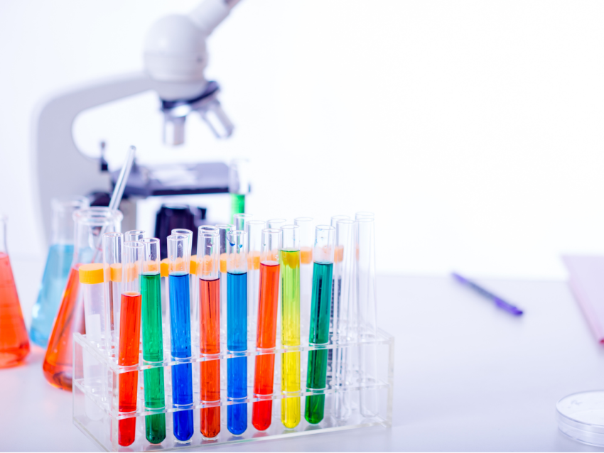 Microscope, test tubes and beakers