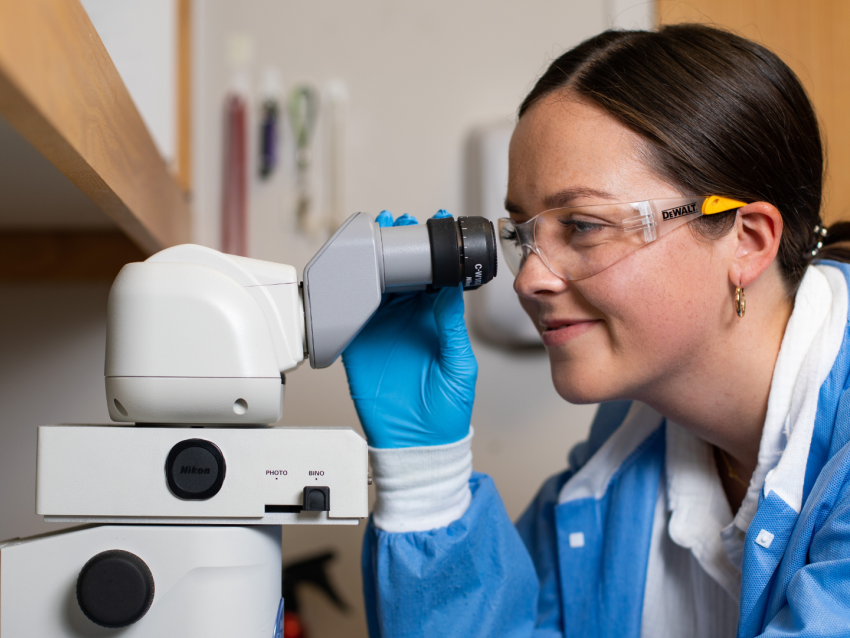 Student uses microscope in lab