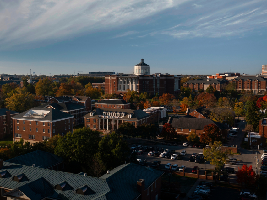 Overhead view of campus including WT Young Library