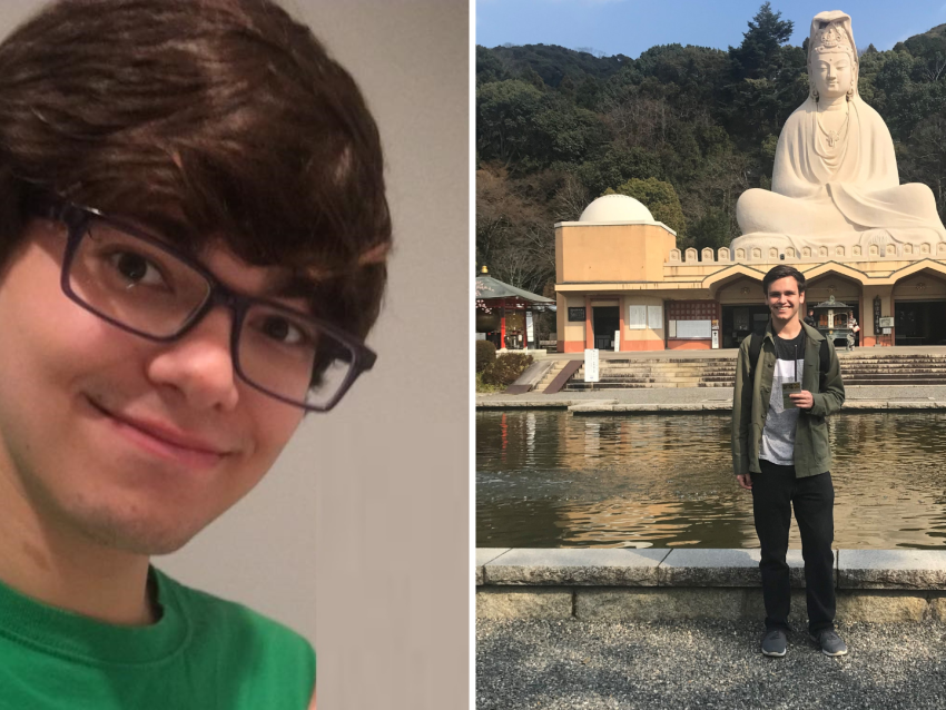 head shot of Noah Berger, photo of Ryan Hassel standing in front of monument