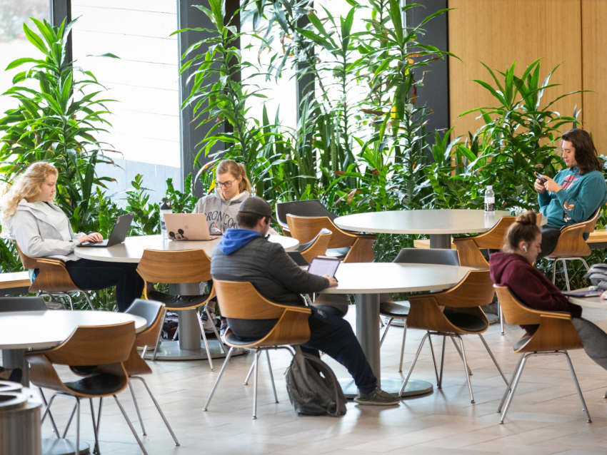 students sitting at tables in Jacobs Science Building