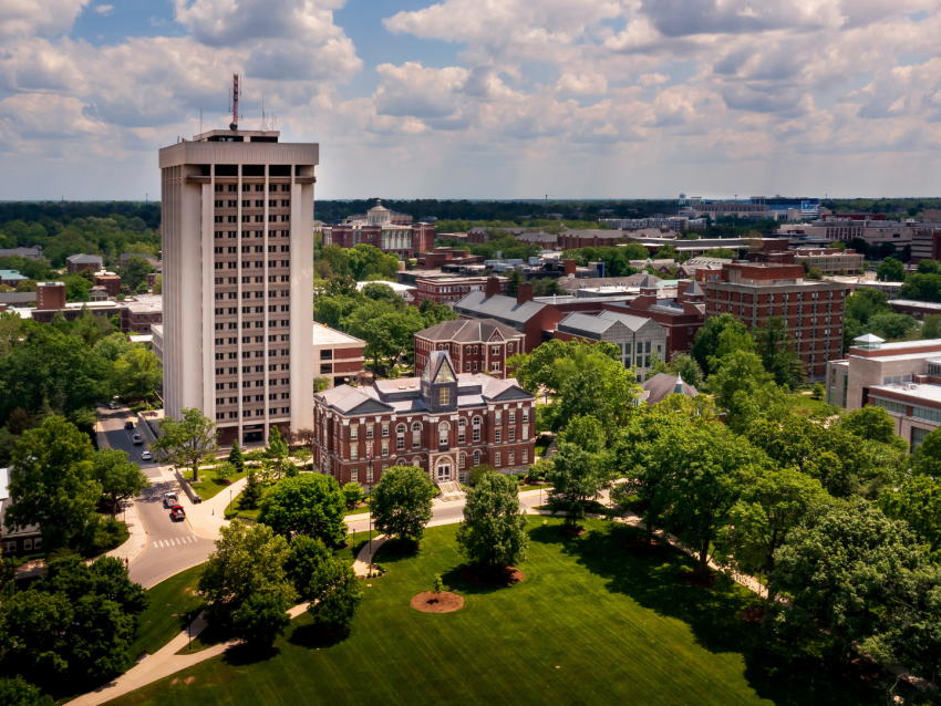 overhead photo of campus including Patterson Office Tower and Main Building