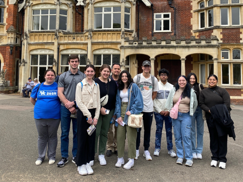 group of students posing in Cambridge, England