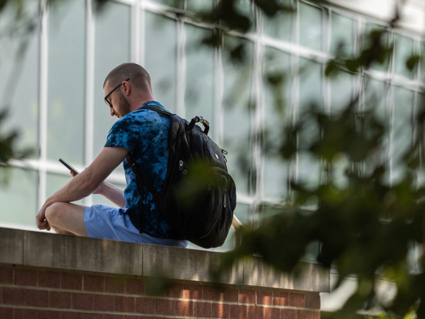 Student sitting on brick wall outside looking at phone
