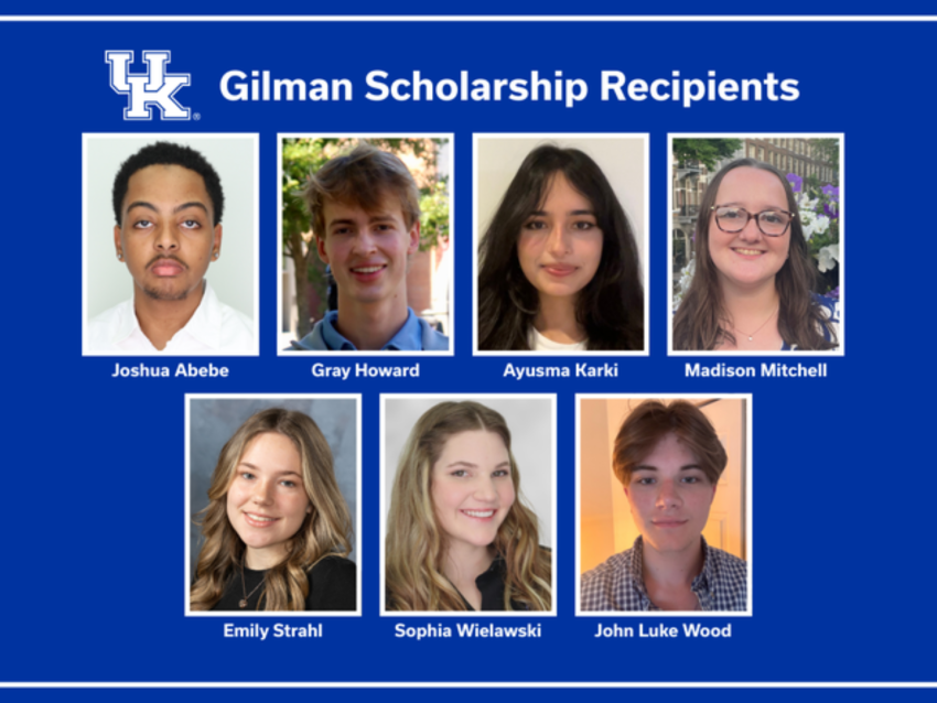 head shots of Joshua Abebe, Gray Howard, Ayusma Karki, Madison Mitchell, Emily Strahl, Sophia Wielawski and John Luke Wood