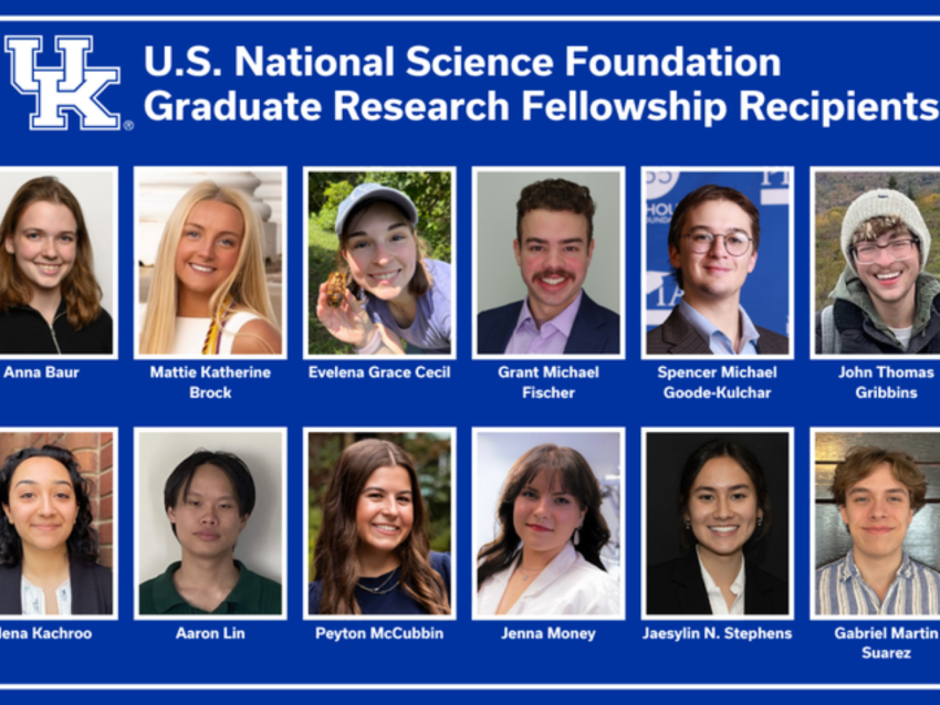 12 headshots of UK's 2026 NSF Graduate Research Fellowship recipients with a blue background