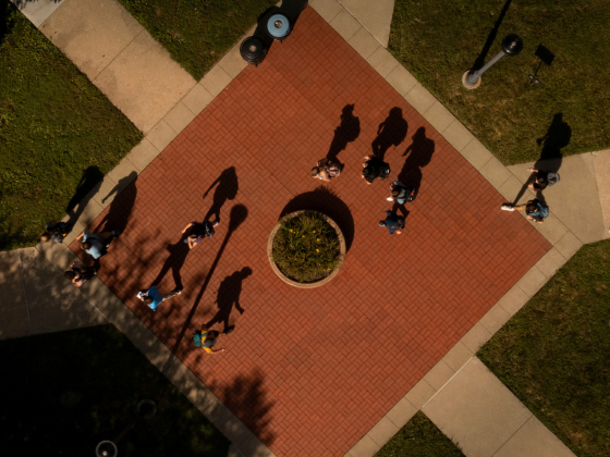 overhead view of students walking on campus